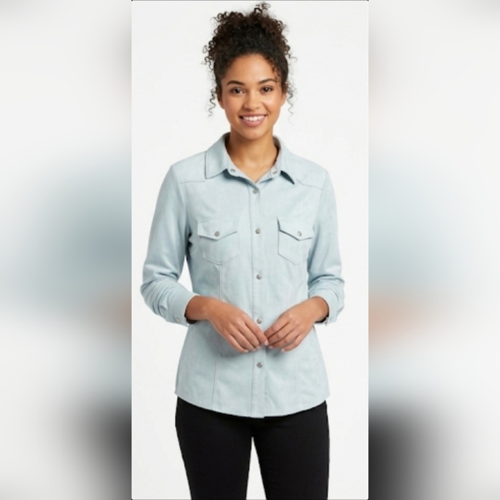 Guess Y2K Blue Faux Suede Snap Button Shirt Women size L